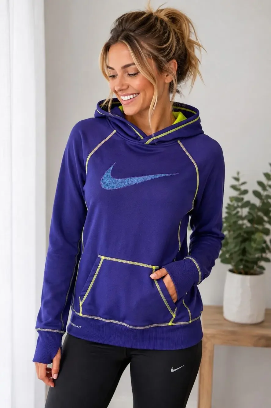 Nike Therma-FIT Purple Fleece Hoodie Lime Contrast Swoosh Pullover Women’s Small